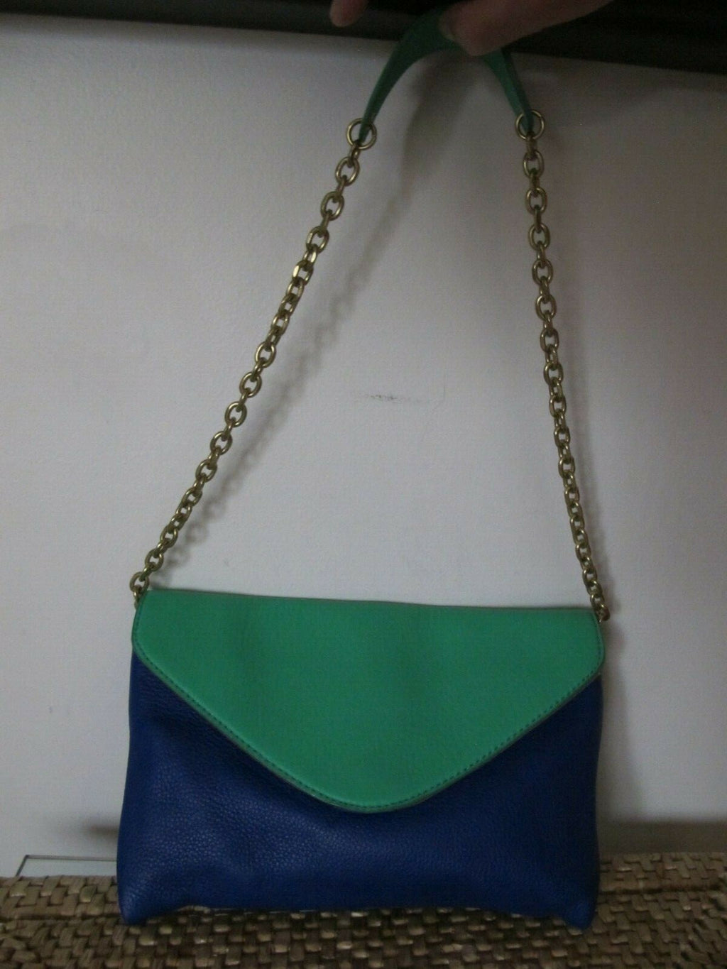 J CREW Women's Blue Green Pebbled Leather Shoulder Tote Bag Clutch Purse
