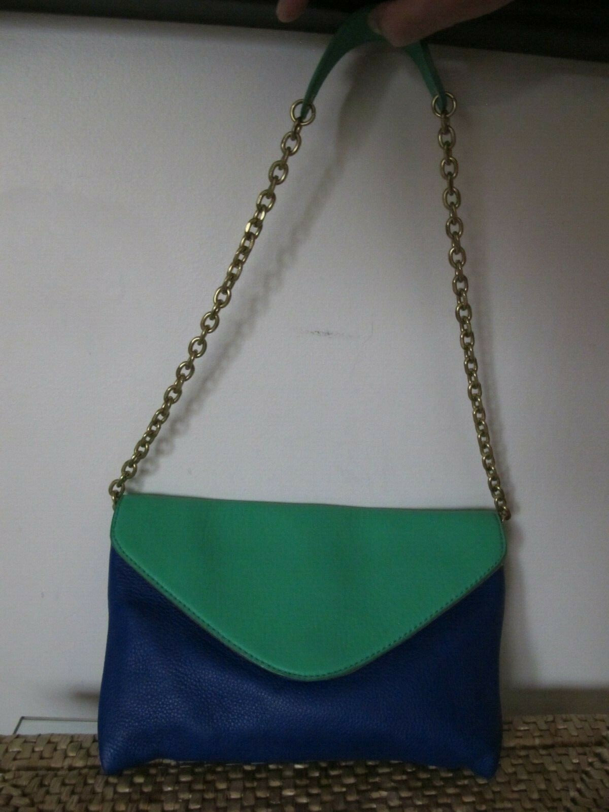 J CREW Women's Blue Green Pebbled Leather Shoulder Tote Bag Clutch Purse