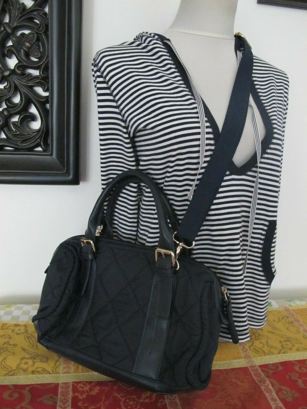 Mazzini women's navy cloth with leather  houlder Crossbody Quilted Zippered Bag