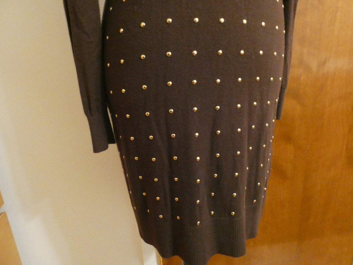 Michael Kors Studded Sweater Dress Size 2 Brown Gold Studded Long Sleeve Bodycon