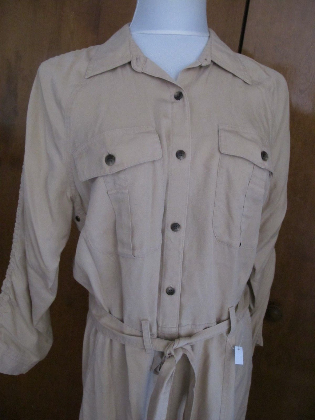 Lauren Ralph women beige ruched sleeve button down shirt dress New