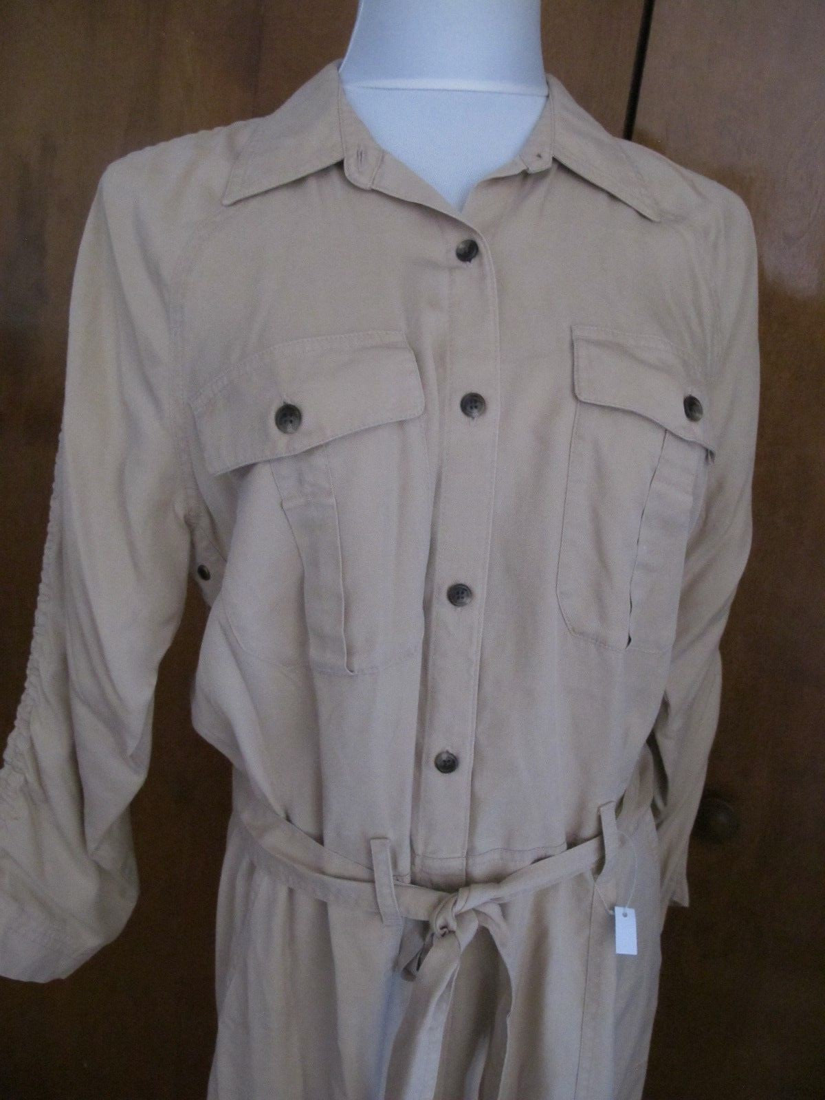 Lauren Ralph women beige ruched sleeve button down shirt dress New