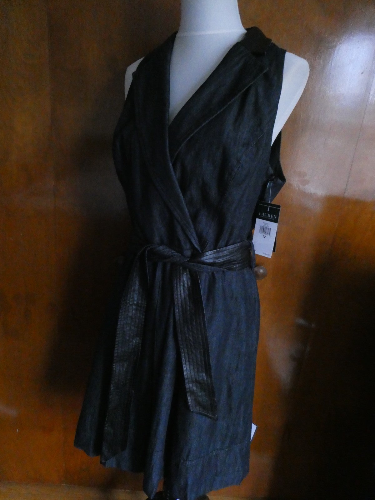 Lauren Ralph Lauren Dress Sz 12 Black Sleeveless Belted Leather Trim A-Line NWT