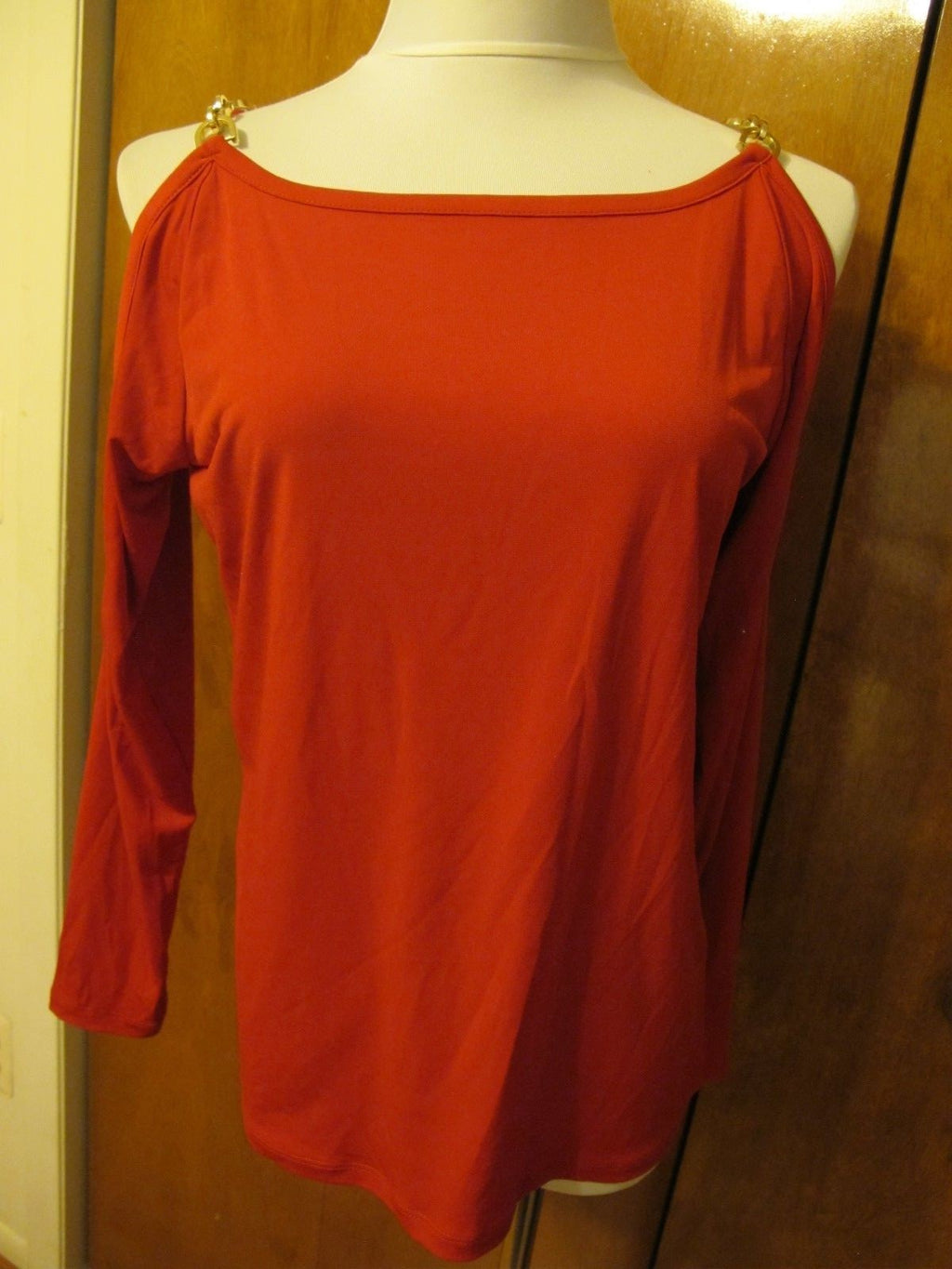 Michael Kors women’s red chain trim gold shoulder top New