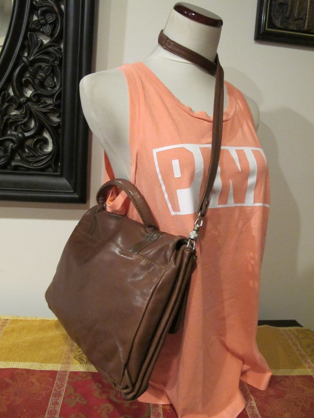 Vintage Tartana Pelletterie Women's Brown Leather Briefcase Messenger Bag 