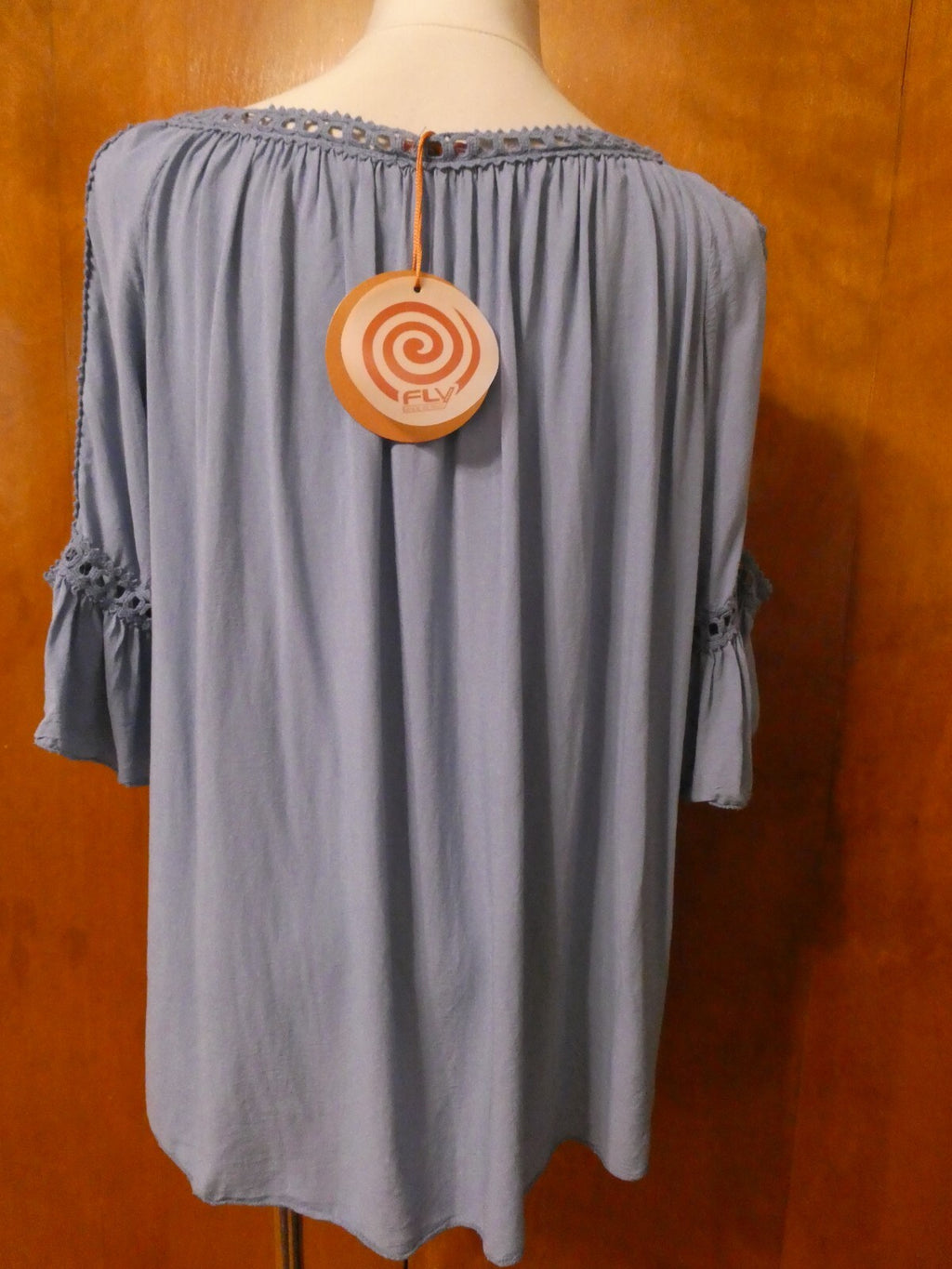 FLY women's blue embroidered open shoulder 100% viscose top size 8