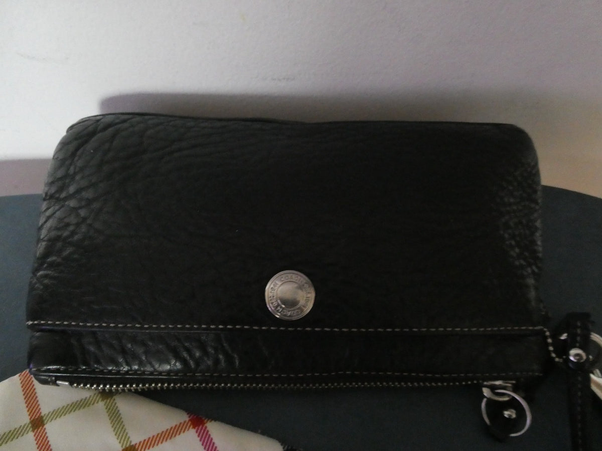 Vintage large Coach Women Black leather wristlet wallet with Coach small scarf