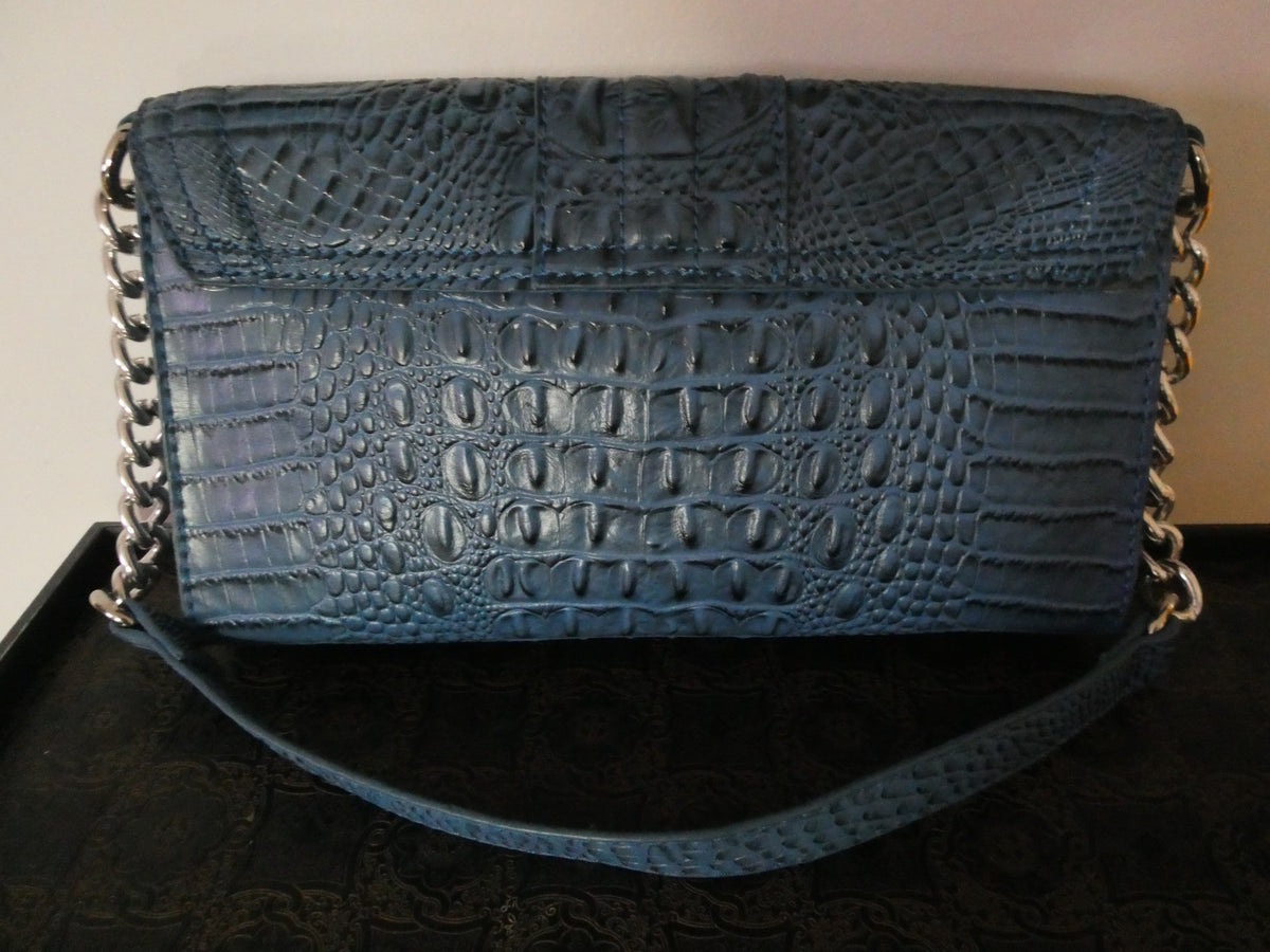 Mark Fisher Women’s Purse Handbag Blue Croc Print Faux Chain Clutch Silver Snap