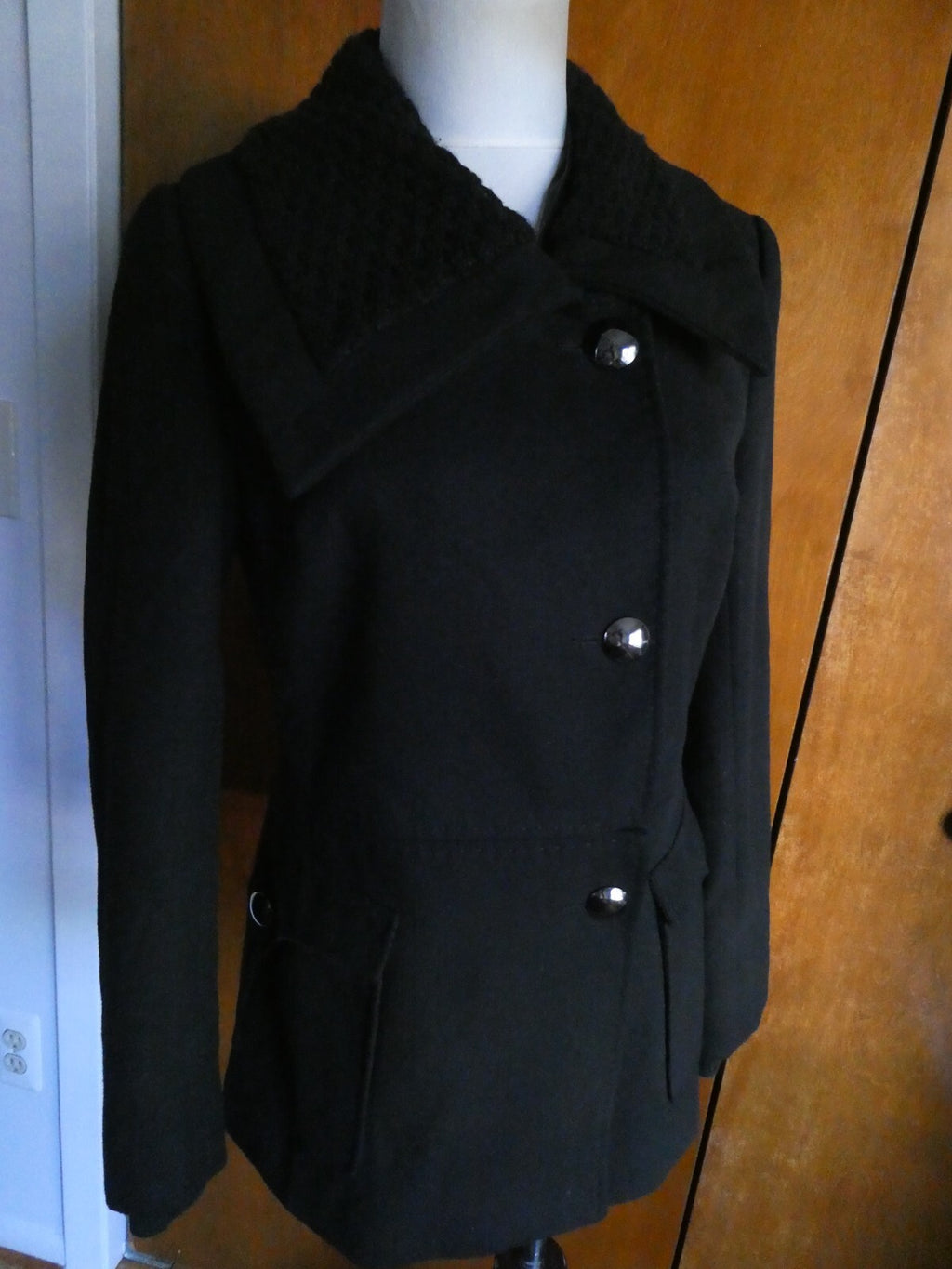 Tahari Women's Black Lined Detailed Pea Coat Jacket Size 4