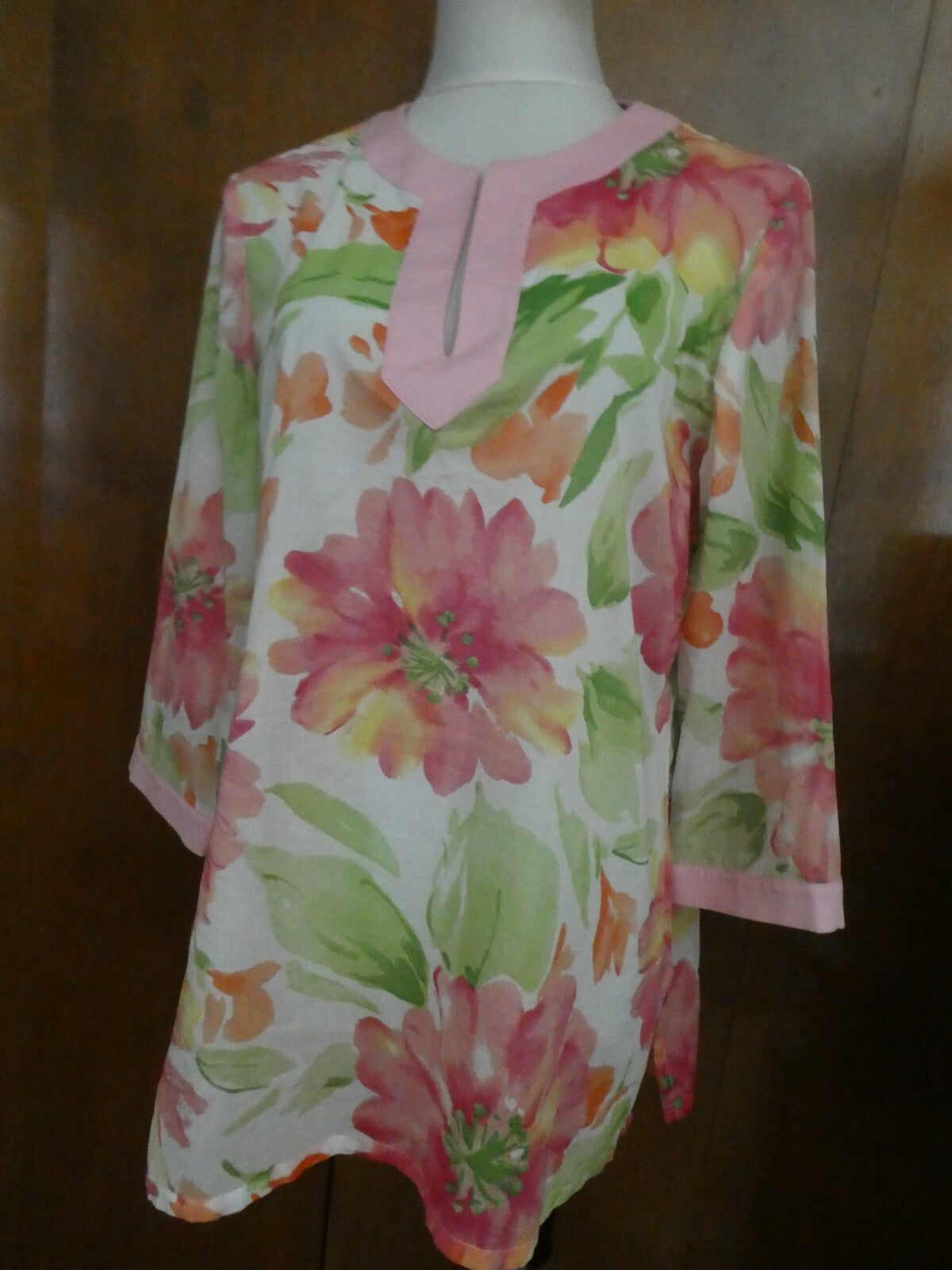 Jones New York Signature Women's Tunic Style Pink/Green Soft Cotton Top Large