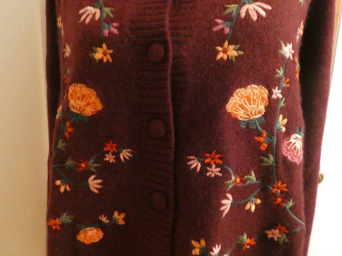 Bloomingdale’s 100% 2-Ply Cashmere Embroidered Floral Cardigan XXL Burgundy