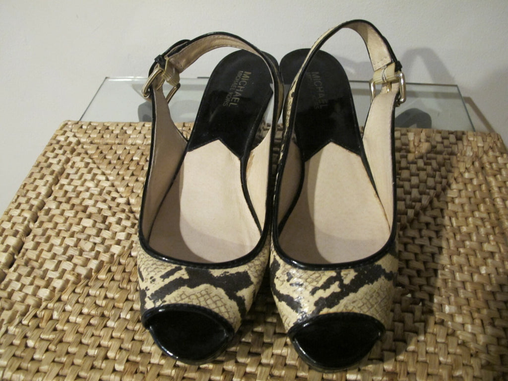 Michael Kors Black Ankle Strappy Wedge Heels Shoes Sandals Peep Toe Women's 10 M