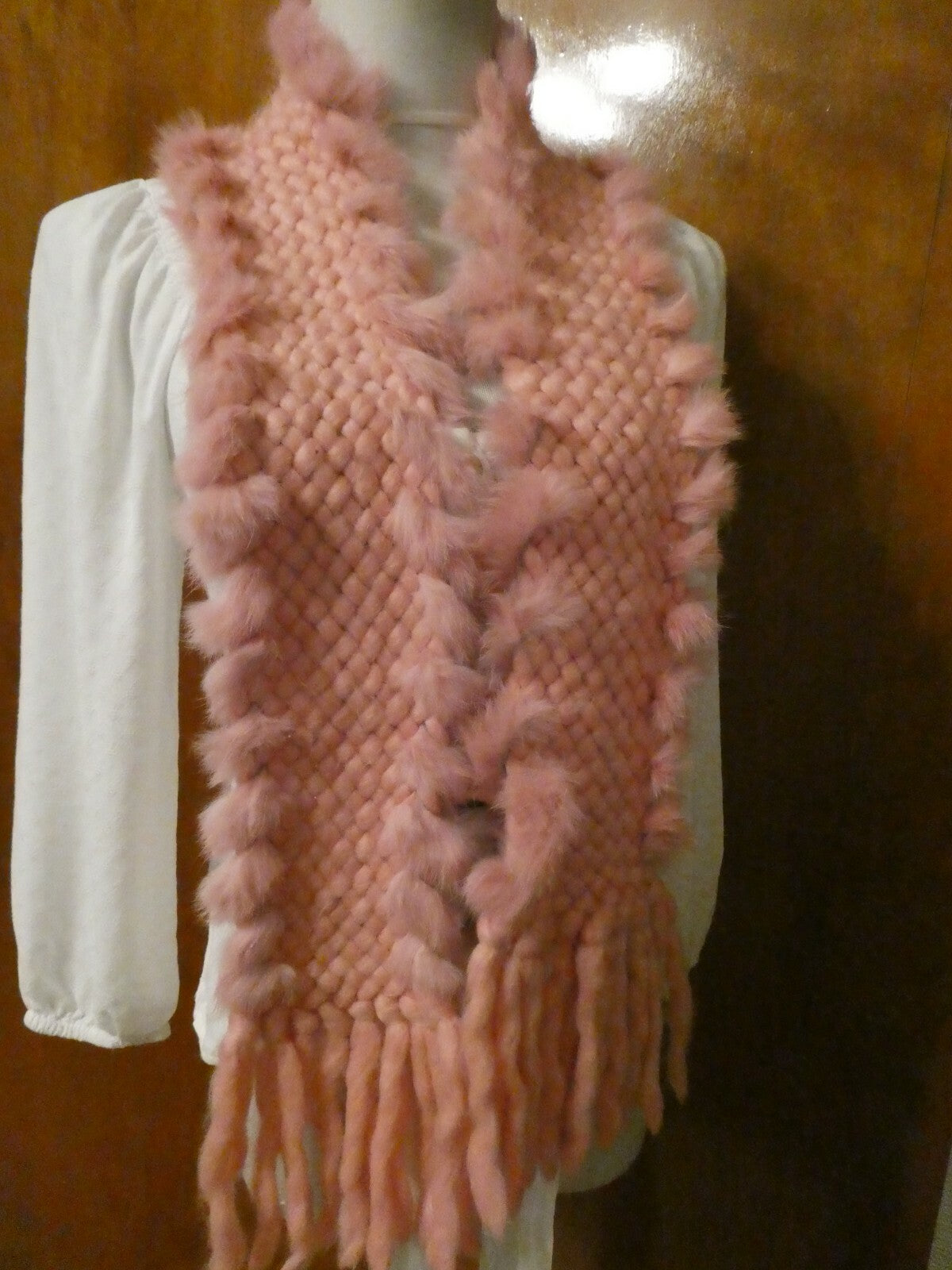 Women's Solid Pink Fringe Rabbit Scarf Size 60" X 4.5"