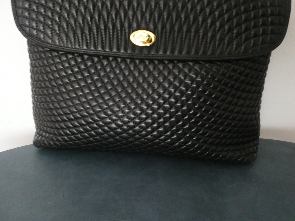 Vintage Bally Women's Black Quilted Leather Top Handle Handbag Gold Tone Italy