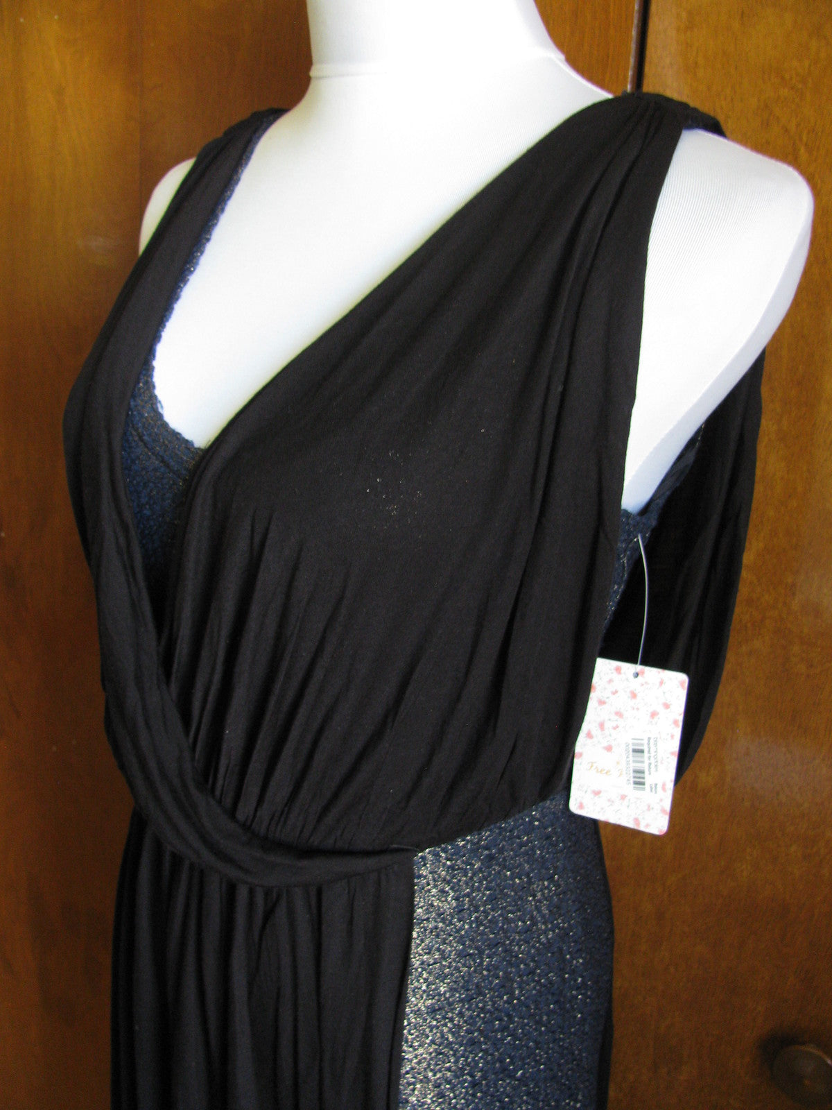 Free People Women Draping Over Black Combo Soft Rayon Dress Small 