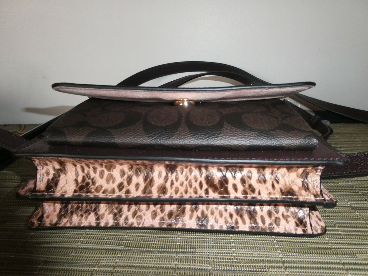 COACH Foldover Crossbody Belt Bag Signature Canvas Brown/Shel Pink Style C7618