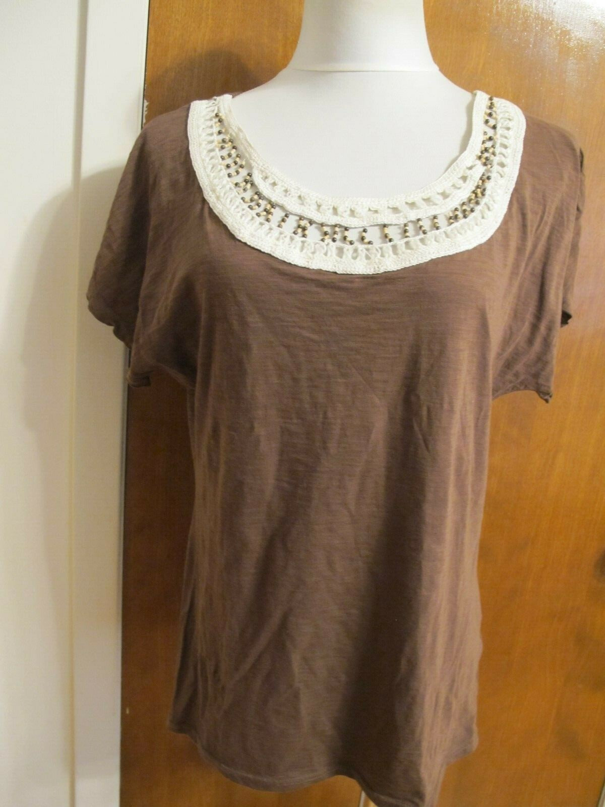 Calvin Klein Jeans women's brown  cotton trimmed beads decorated top Medium