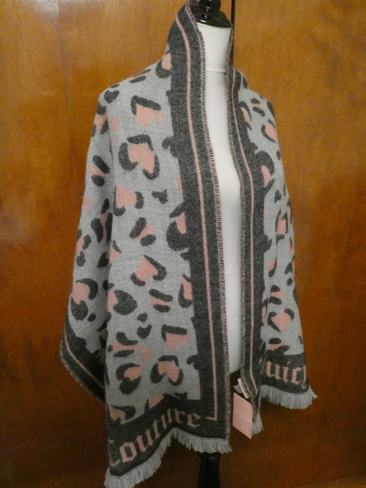 Juicy Couture Leopard Heart Print Scarf 72"x22" Gray Pink Logo Fringe Wrap