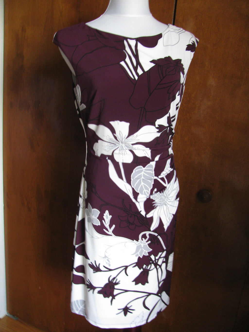 Ralph Lauren women’s burgundy bold floral lined stylish gathered dress New