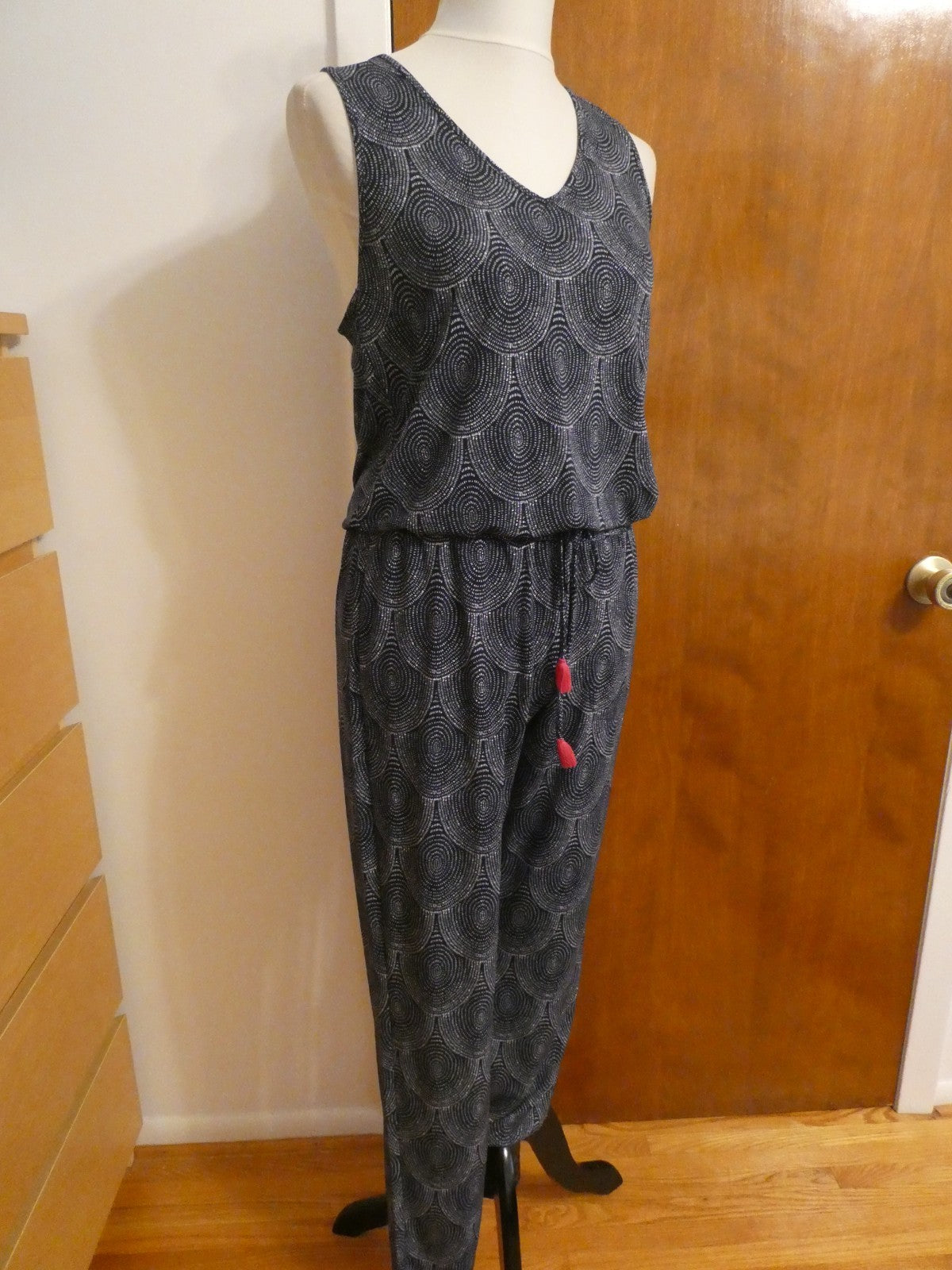 Hatley Women's Sleeveless Jumpsuit S/P Black White Print Tassel Tie Stretch EUC