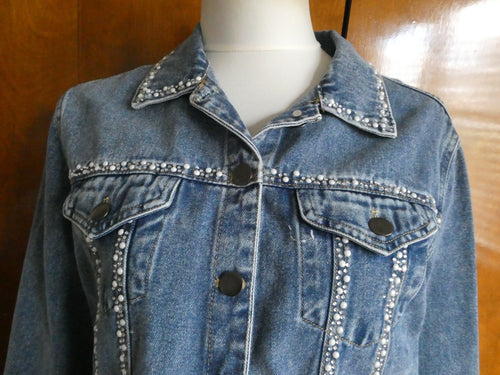 Alexis Taylor Women 100% Cotton Beaded Jeans Blazer Jacket Blue XLarge (fits L)