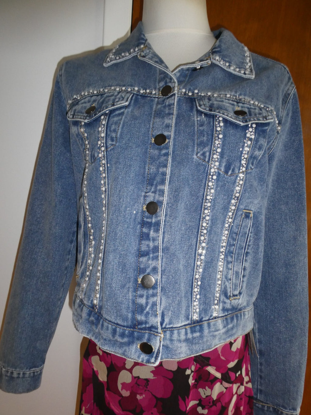Alexis Taylor Women 100% Cotton Beaded Jeans Blazer Jacket Blue XLarge (fits L)