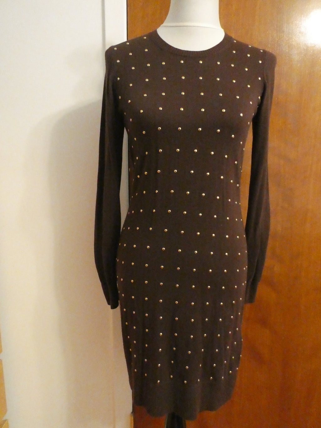 Michael Kors Studded Sweater Dress Size 2 Brown Gold Studded Long Sleeve Bodycon