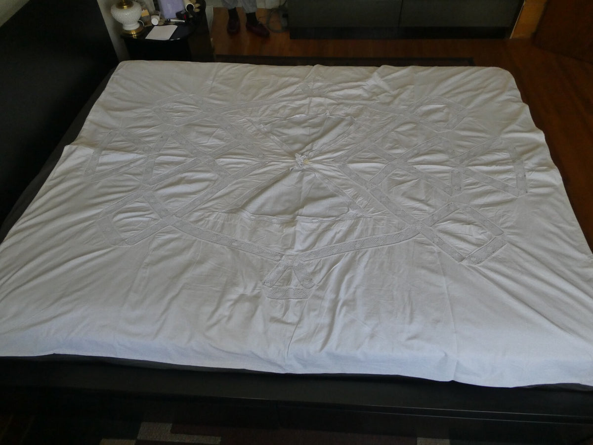 Vintage Crocheted Cotton Duvet Cover White 1970s 77”x 68" Custom Made