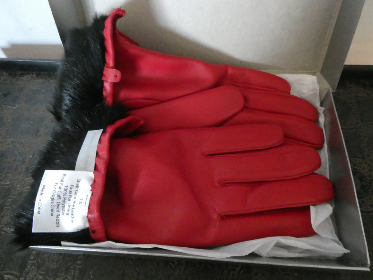 Vintage Charter Club Red Genuine Leather Gloves 7.5 Real Rabbit Fur Cuff New Box