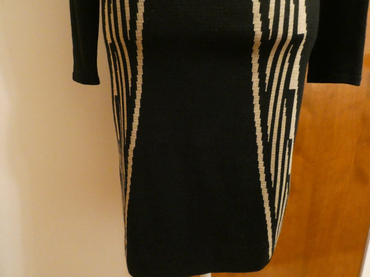 Ivanka Trump Sweater Knit Dress Women Black Beige Geometric Long Sleeve Bodycon