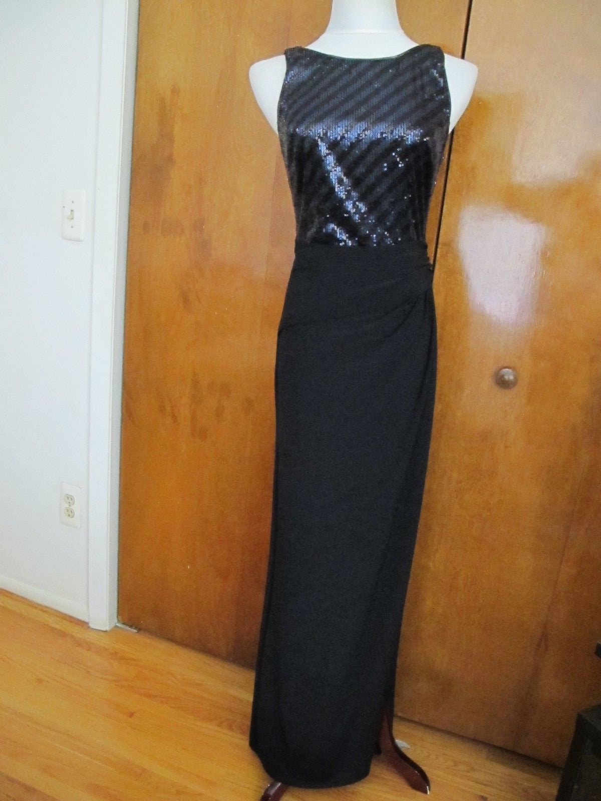 Ralph Lauren Women's Black Navy Shine Lined Faux Wrap Evening Dress Size 6 New
