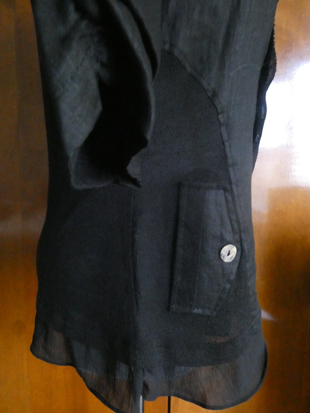 Pink Phoenix Women Black 100% Linen Small 3/4 Sleeve, Button Up, Semi Sheer Top