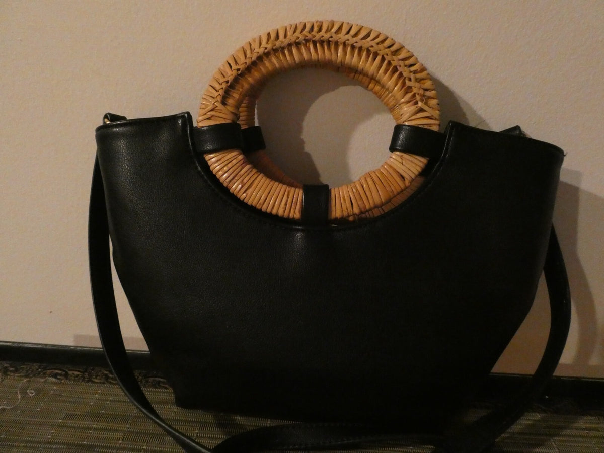 Anthropologie Black Small Rattan Handles Cross Shoulder Strap Handbag