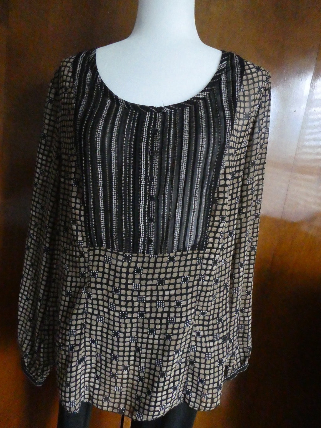 Sigrid Olsen Graphic Designer Blouse Women 12 Black Sheer Geometric Boho Top