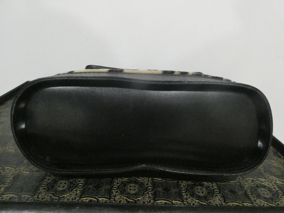 Unbranded Women Black Velour/Leather Leopard Print 2 compartments Purce Handbag