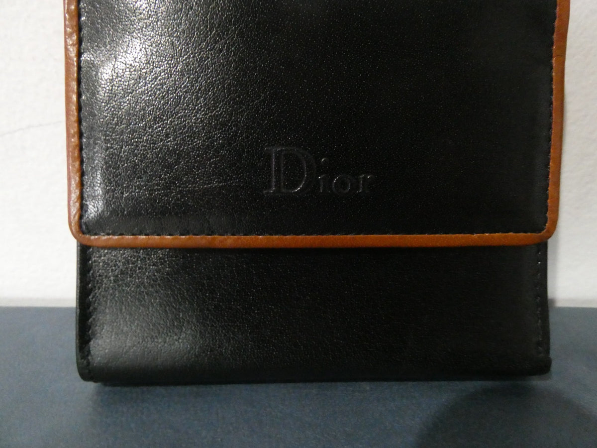Vintage Christian Dior Leather Wallet Black Bifold Gold Frame Coin Purse