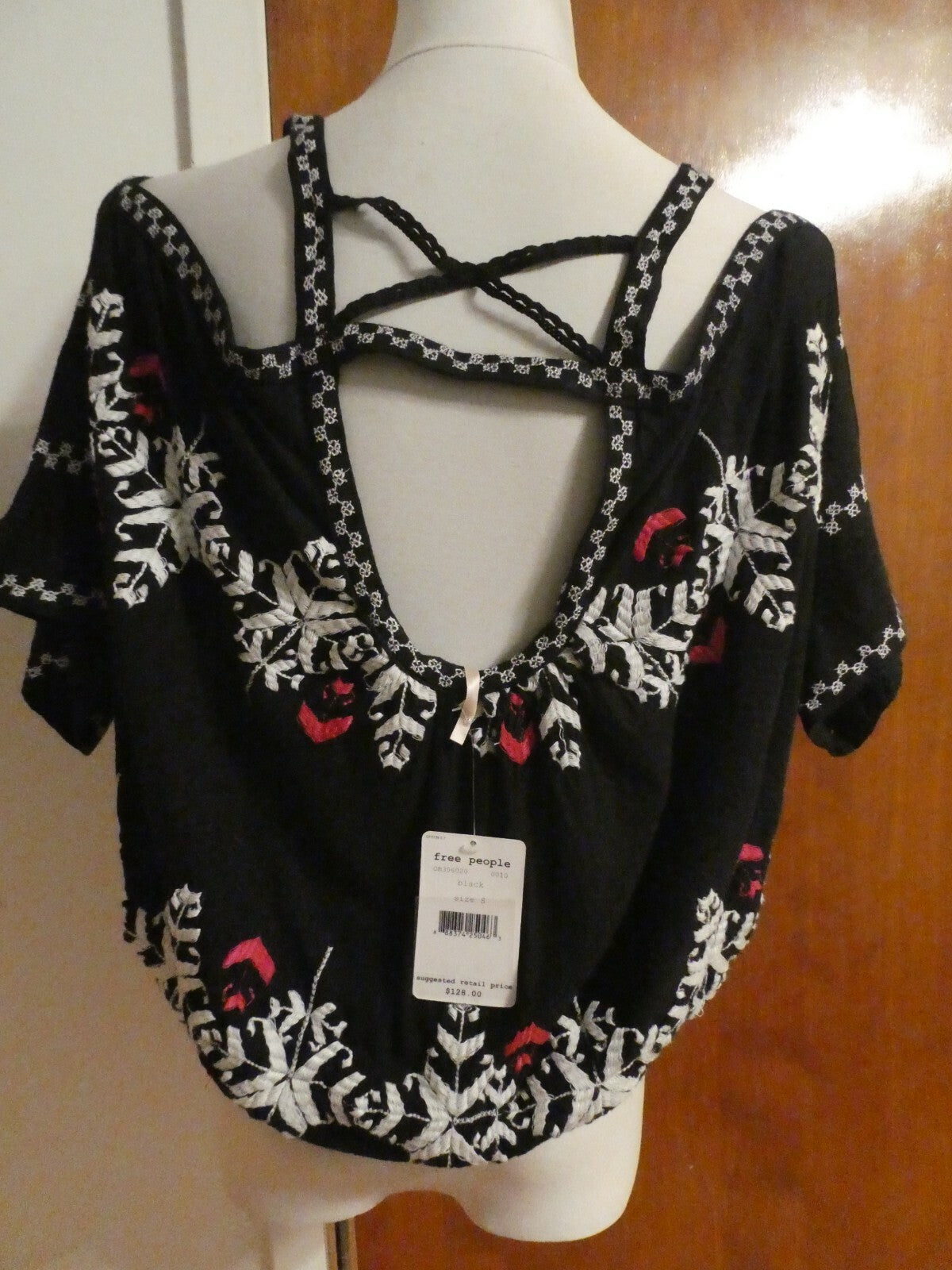Free People women's black embroidered open shoulder viscose top small (fits M) 