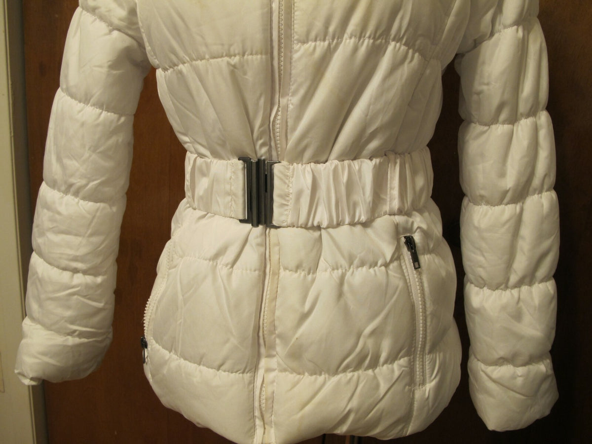 Black Rivet women's white belted zippered puff jacket faux collar size Small