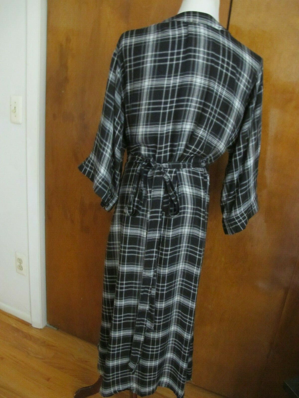 Gap Women's Black Plaid 3/4 Sleeves Tie-Waist Midi Wrap Dress Tall Large 