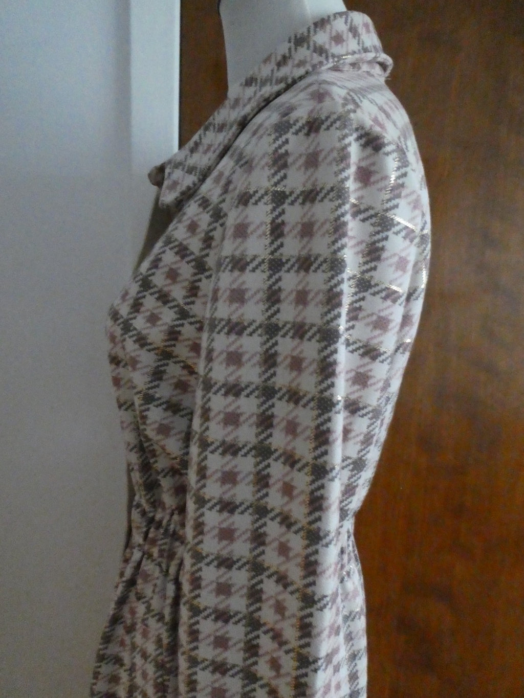 Aliceblue Women’s Plaid Long Jacket Coat Gray Pink Gold Snap Stretch Size Small