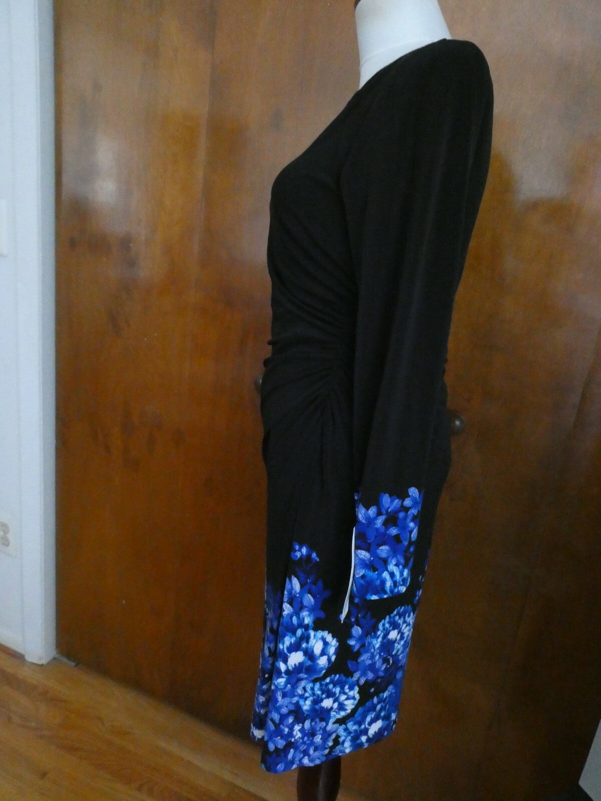 Ralph Lauren women black/blue floral lined stylish gathered long sleeve dress  