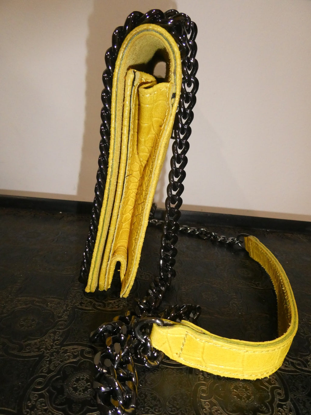 Italian Genuine Leather Chain Shoulder Crossbody Bag 9x7x 2 Mustard Yellow Italy
