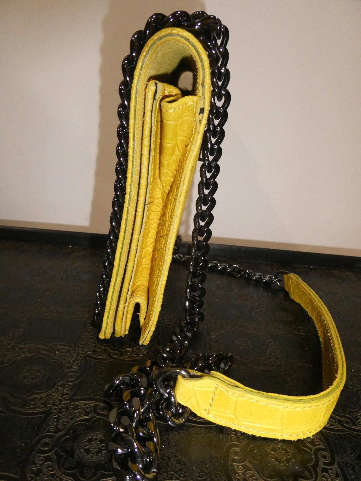 Italian Genuine Leather Chain Shoulder Crossbody Bag 9x7x 2 Mustard Yellow Italy