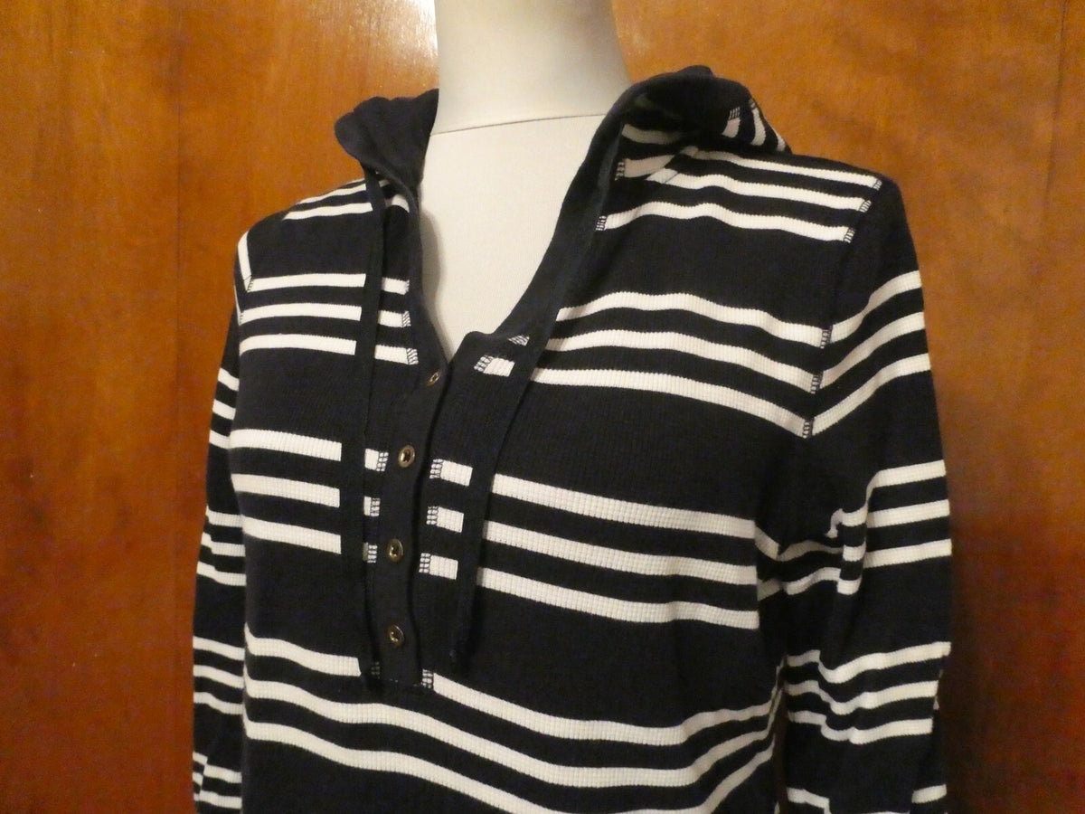 Charter Club Women's Navy Striped Sweater Attached Hood Medium Preowned 