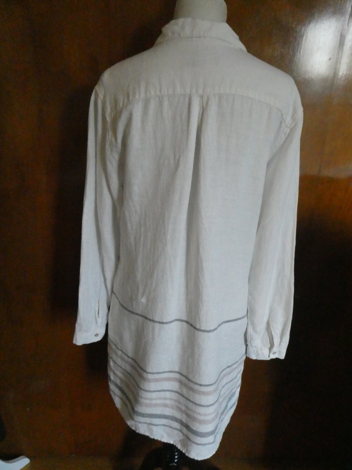 Tahari 100% Linen Striped Tunic Dress White Long Sleeve Pockets Size Medium
