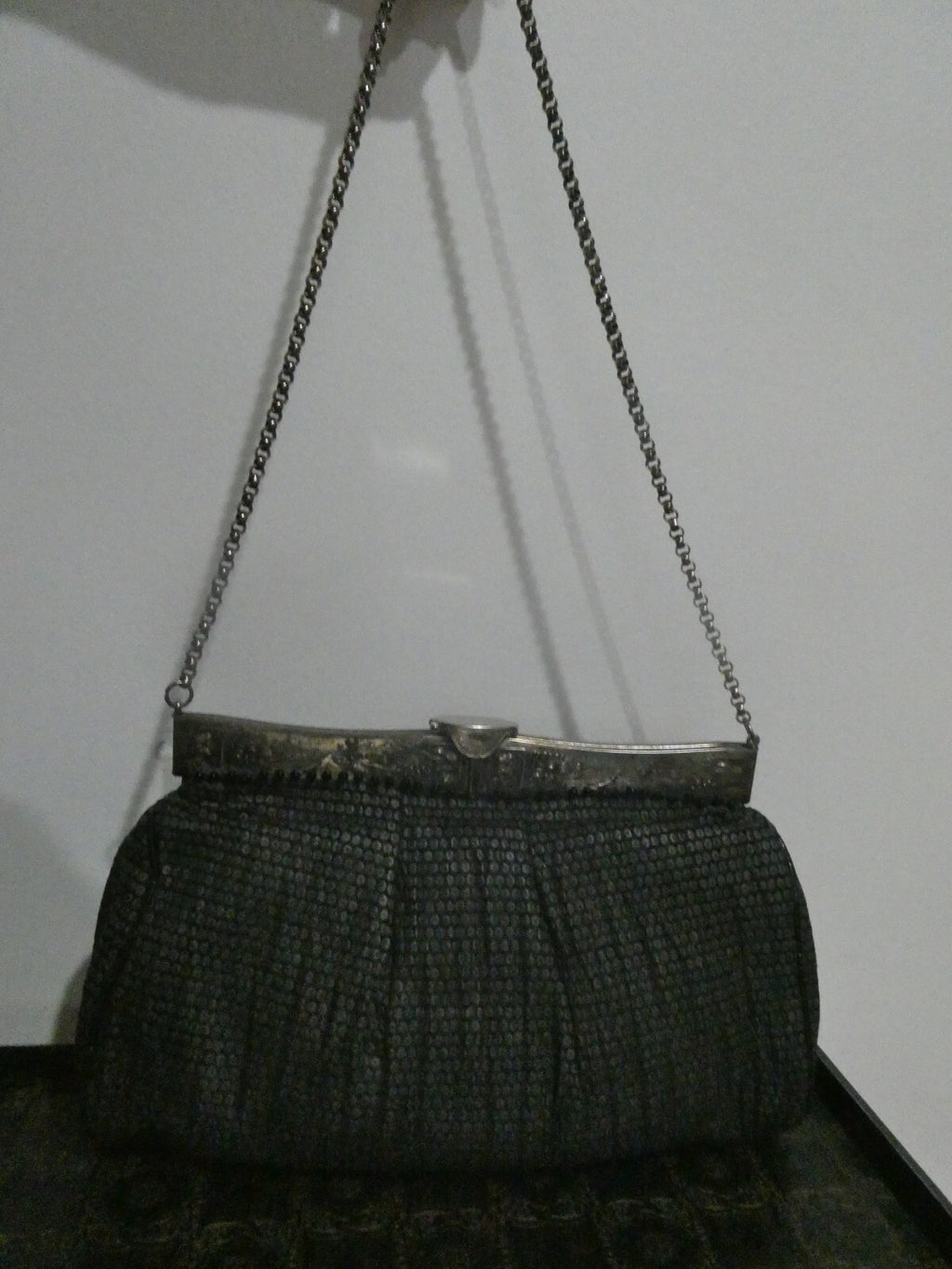 Grace Ann Agostino Vintage Womens Black Woven Leather Bag Purse Silver Tone Deco