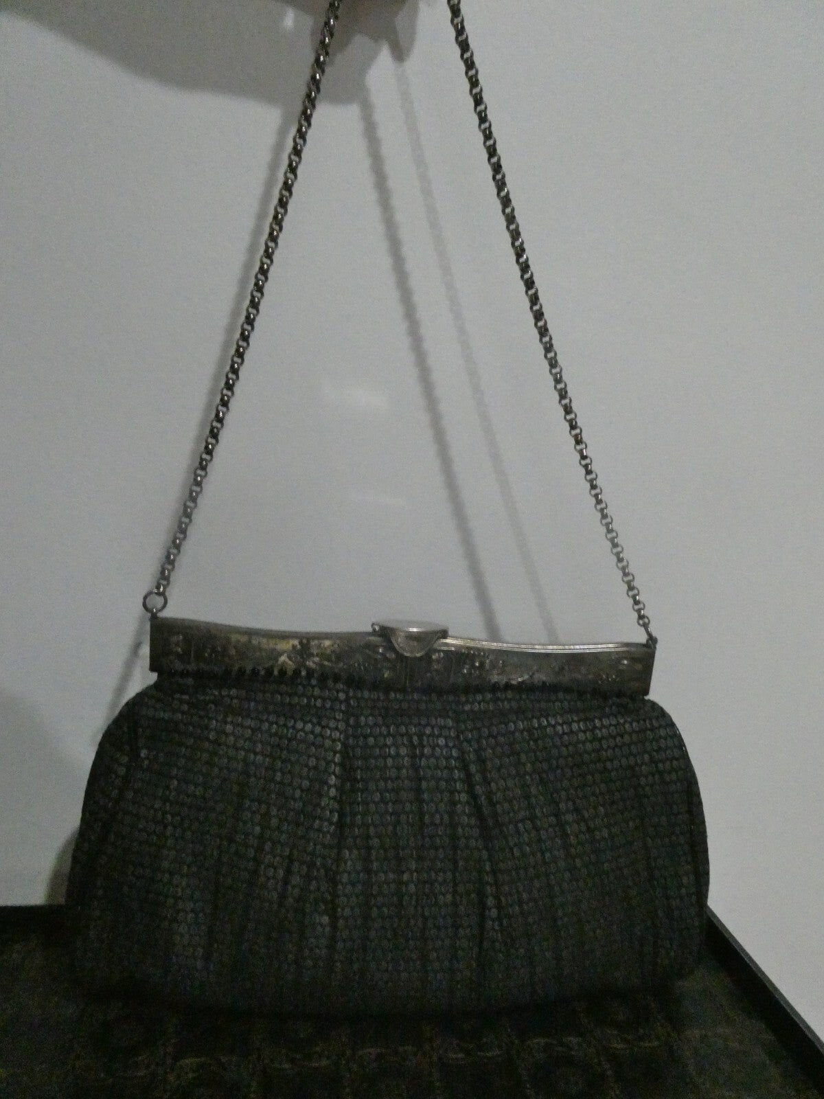 Grace Ann Agostino Vintage Womens Black Woven Leather Bag Purse Silver Tone Deco