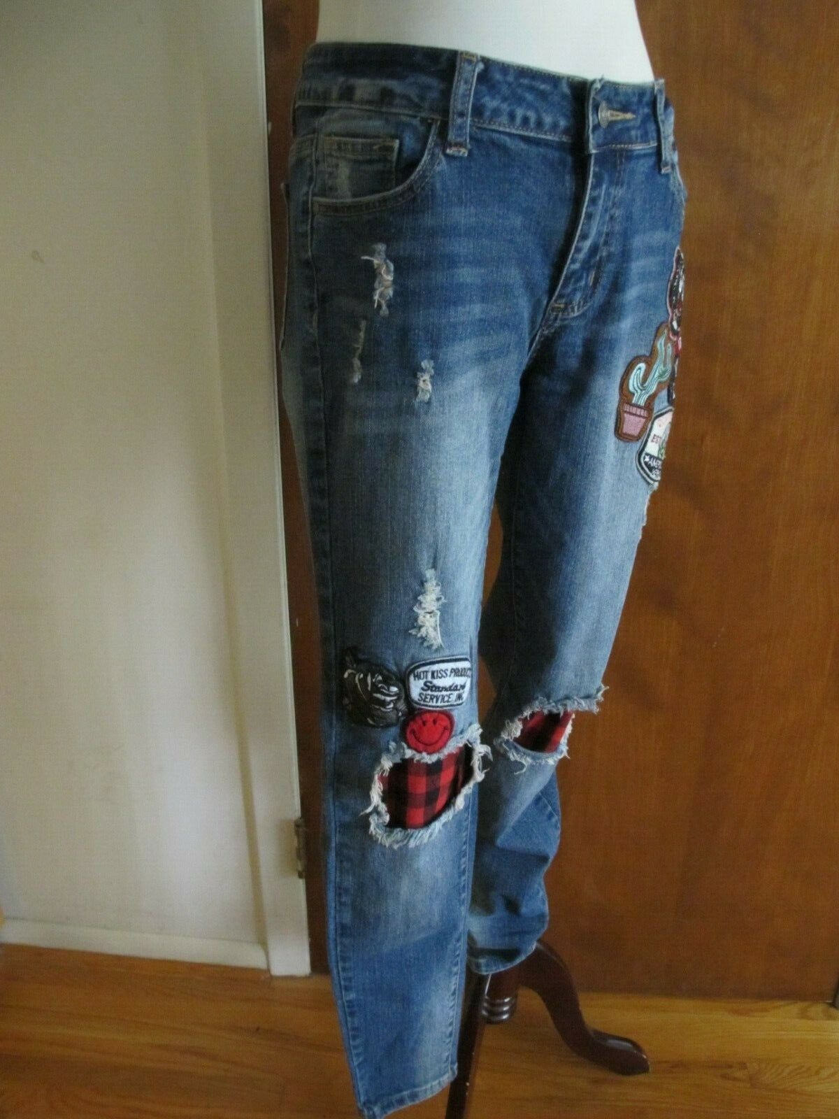 Hot Kiss Skinny Lily Juniors Distressed Patched Skinny Legging Jeans Sz 11 Blue