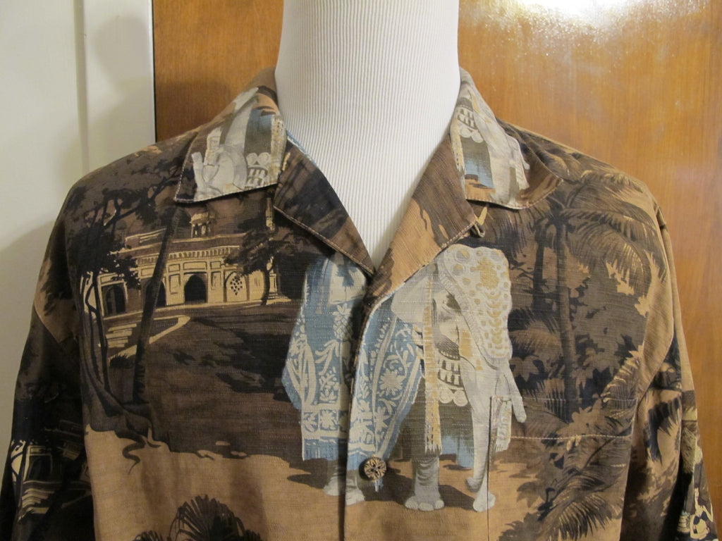 Tommy Bahama Men's Silk Multi Color Brow Blue Gray Beach Shirt Large Very Nice