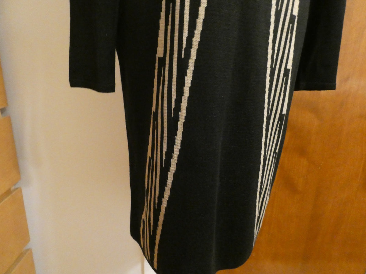 Ivanka Trump Sweater Knit Dress Women Black Beige Geometric Long Sleeve Bodycon